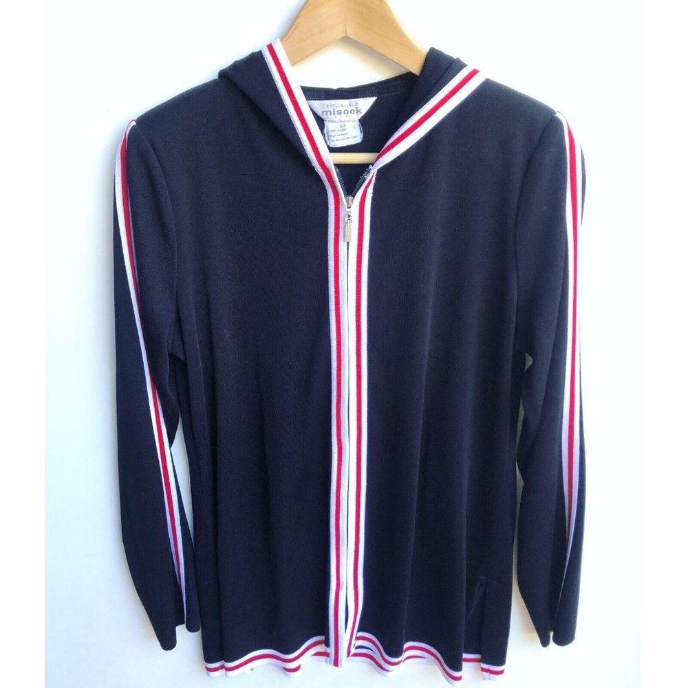 Exclusively Misook Hooded Zip Cardigan Vintage Black Red White Size XS Knit